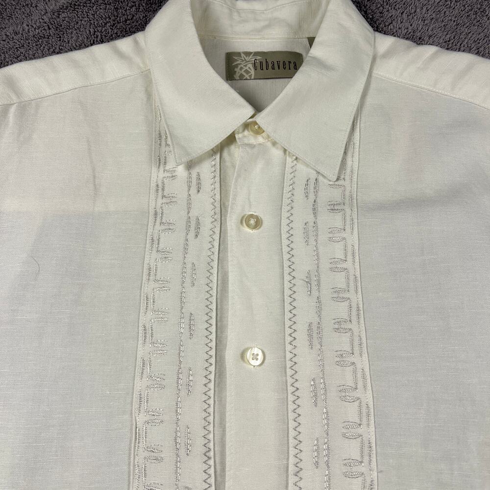 Cubavera Linen Blend Embroidered Short Sleeve Guayabera Shirt White Size L - Picture 5 of 9